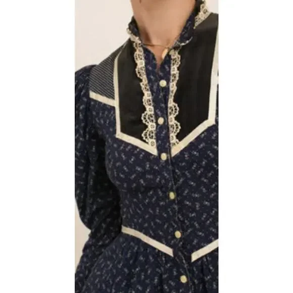 Vintage 70s Gunne Sax Black Floral Calico Midi Dress XS - Picture 9 of 9